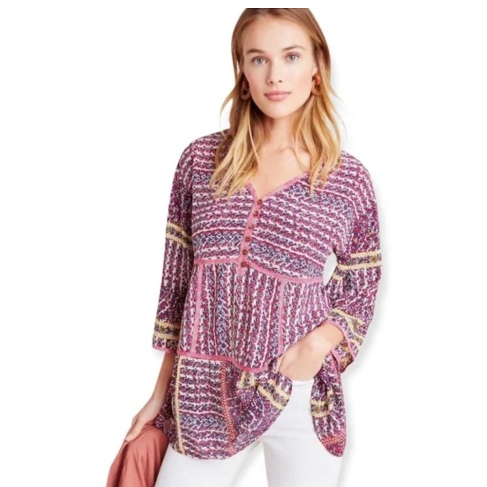 Anthropologie Meave Lilyana Med Oversided Silk Floral Print Tiered Tunic Blouse